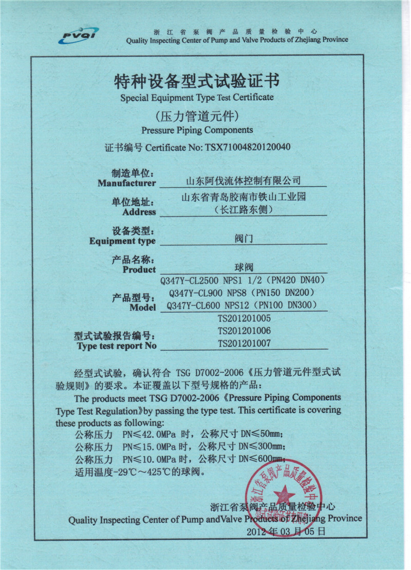 Special equipment type test certificate